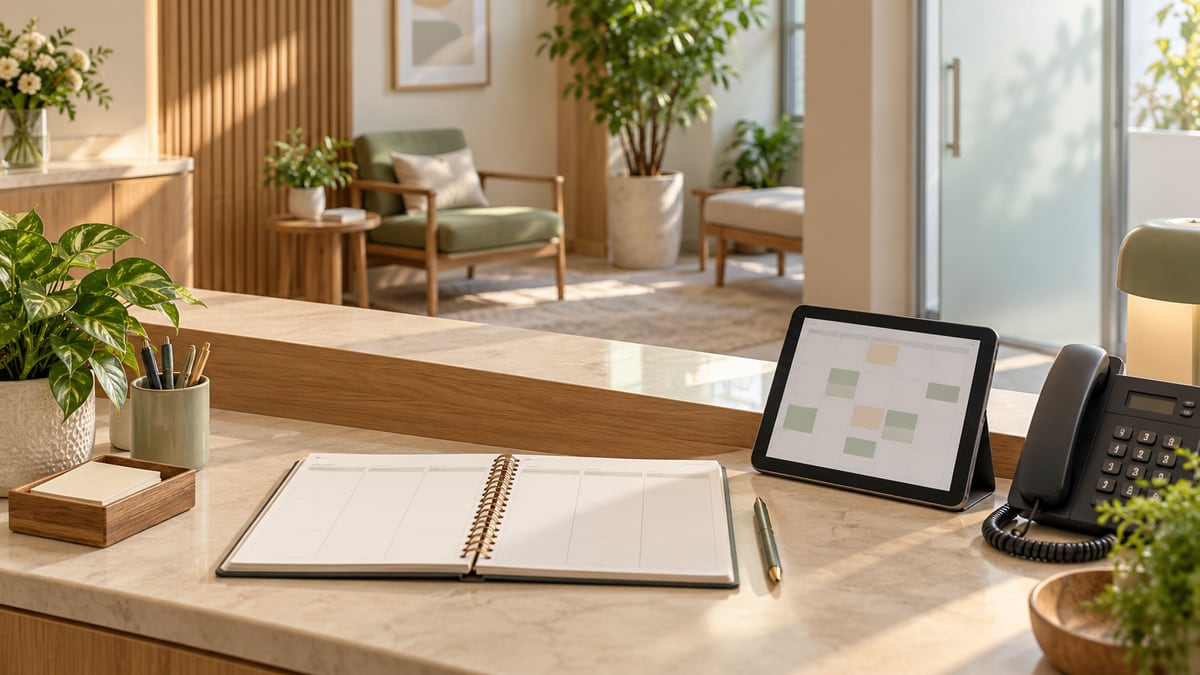 Balcão de recepção de clínica com agenda de papel, tablet com calendário e telefone.