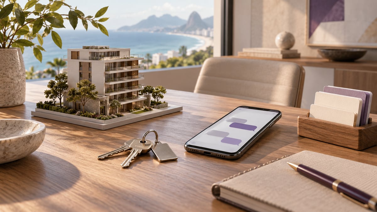 Maquete de edifício, chaves, celular e fichas de atendimento sobre uma mesa com paisagem costeira ao fundo.