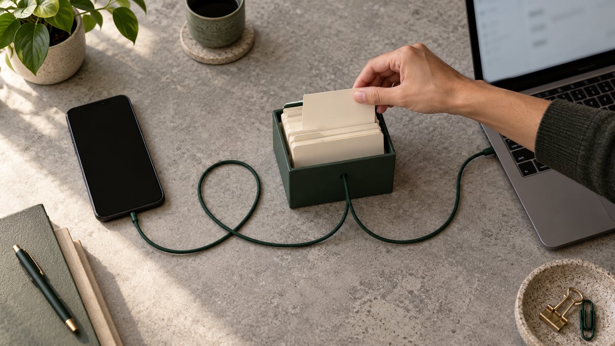 Celular, caixa de fichas de contatos e notebook conectados visualmente por um fio verde.