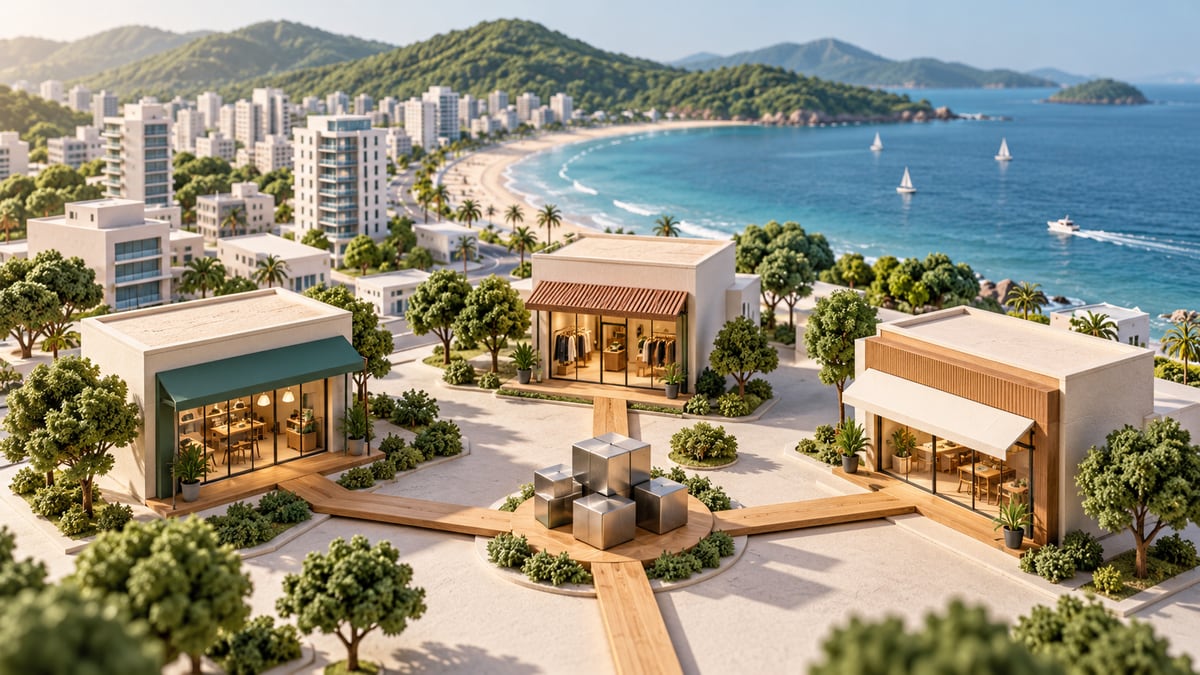 Maquete conceitual de três estabelecimentos conectados, com uma cidade costeira e morros ao fundo.