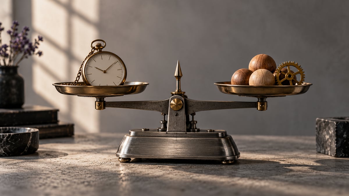 Balança de metal equilibra um relógio de bolso com esferas de madeira e uma engrenagem.